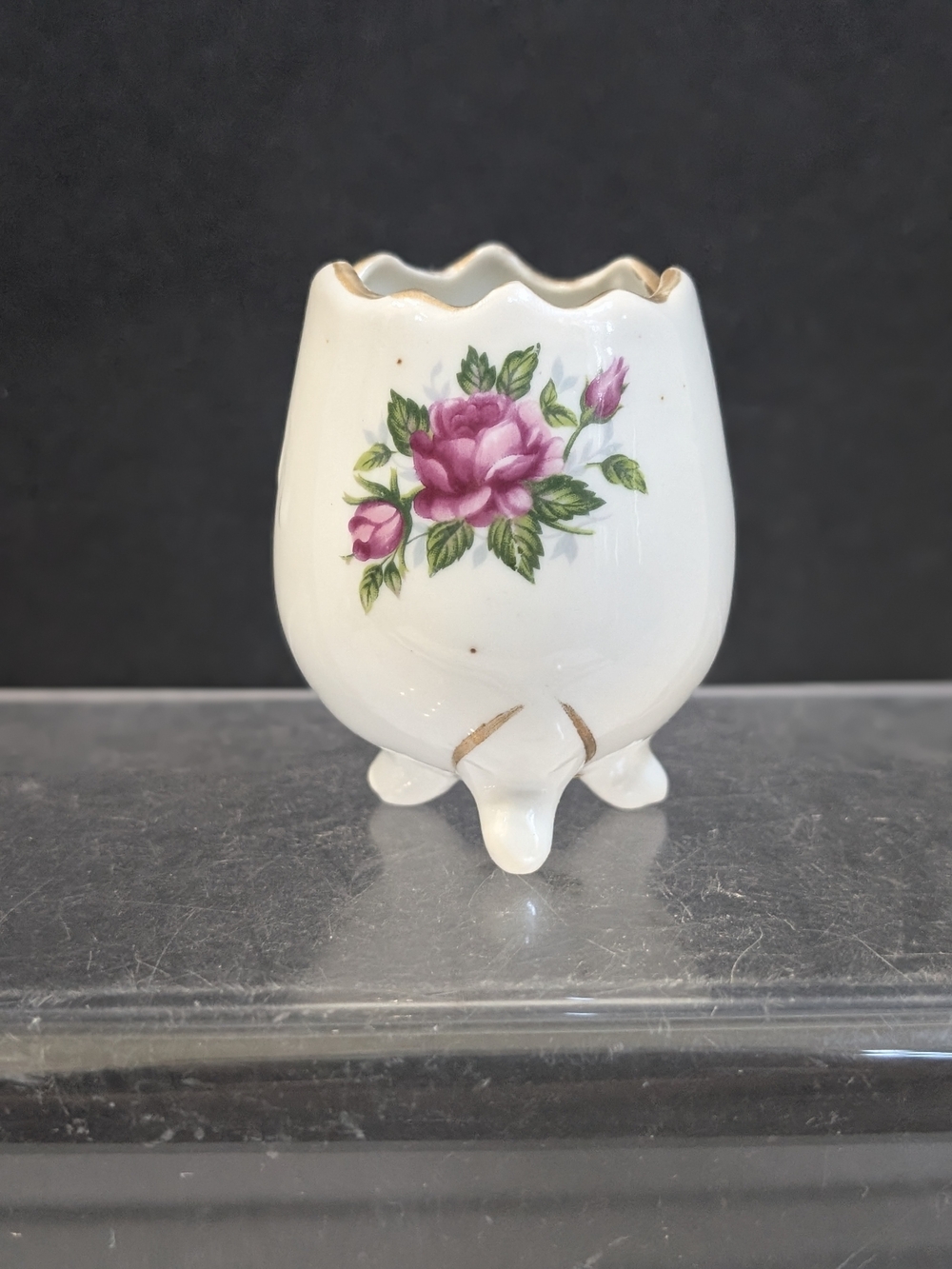 Porcelain Pink Rose Egg-Shaped Planter with Gold Trim